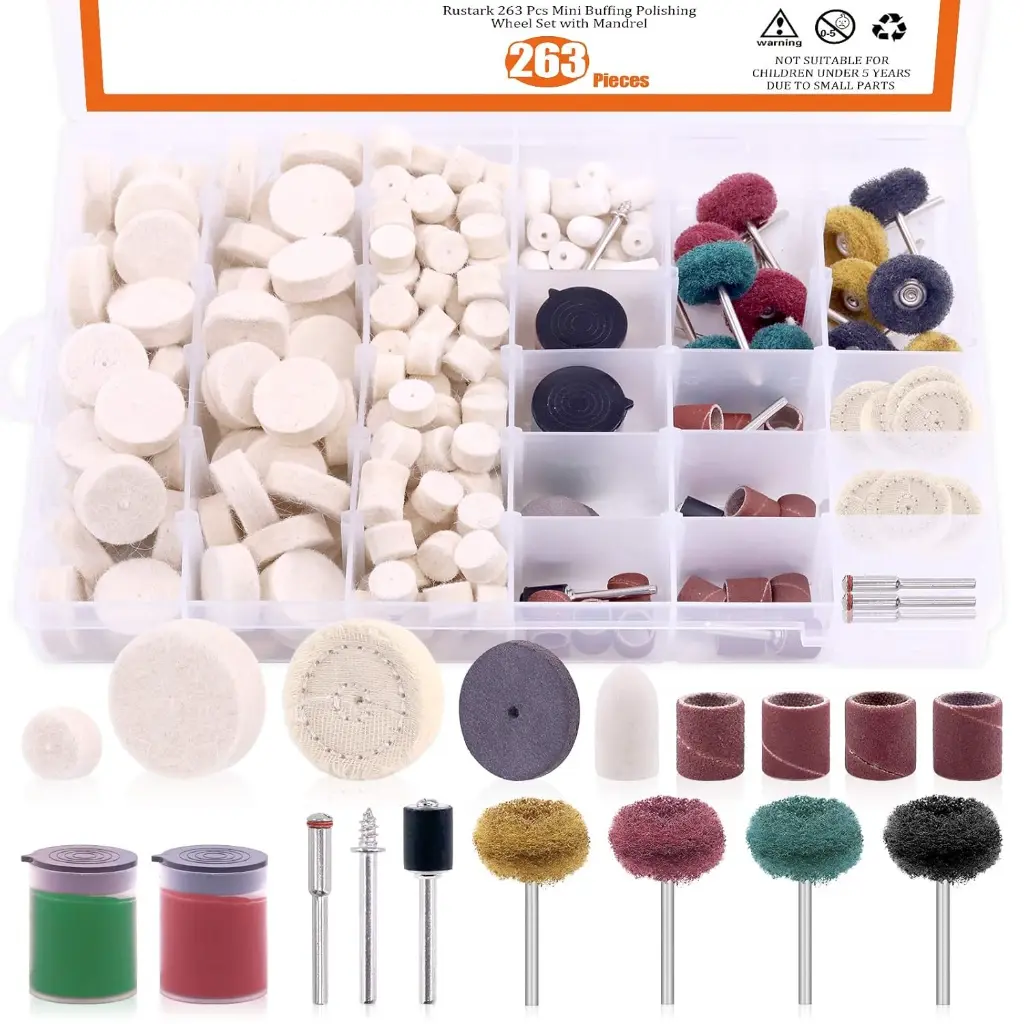 طقم 263 قطعة من أدوات التلميع والصنفرة المصغّرة — شامل فرش قماش ولباد ومعاجين وأسطوانات صنفرة وأذرع تثبيت 